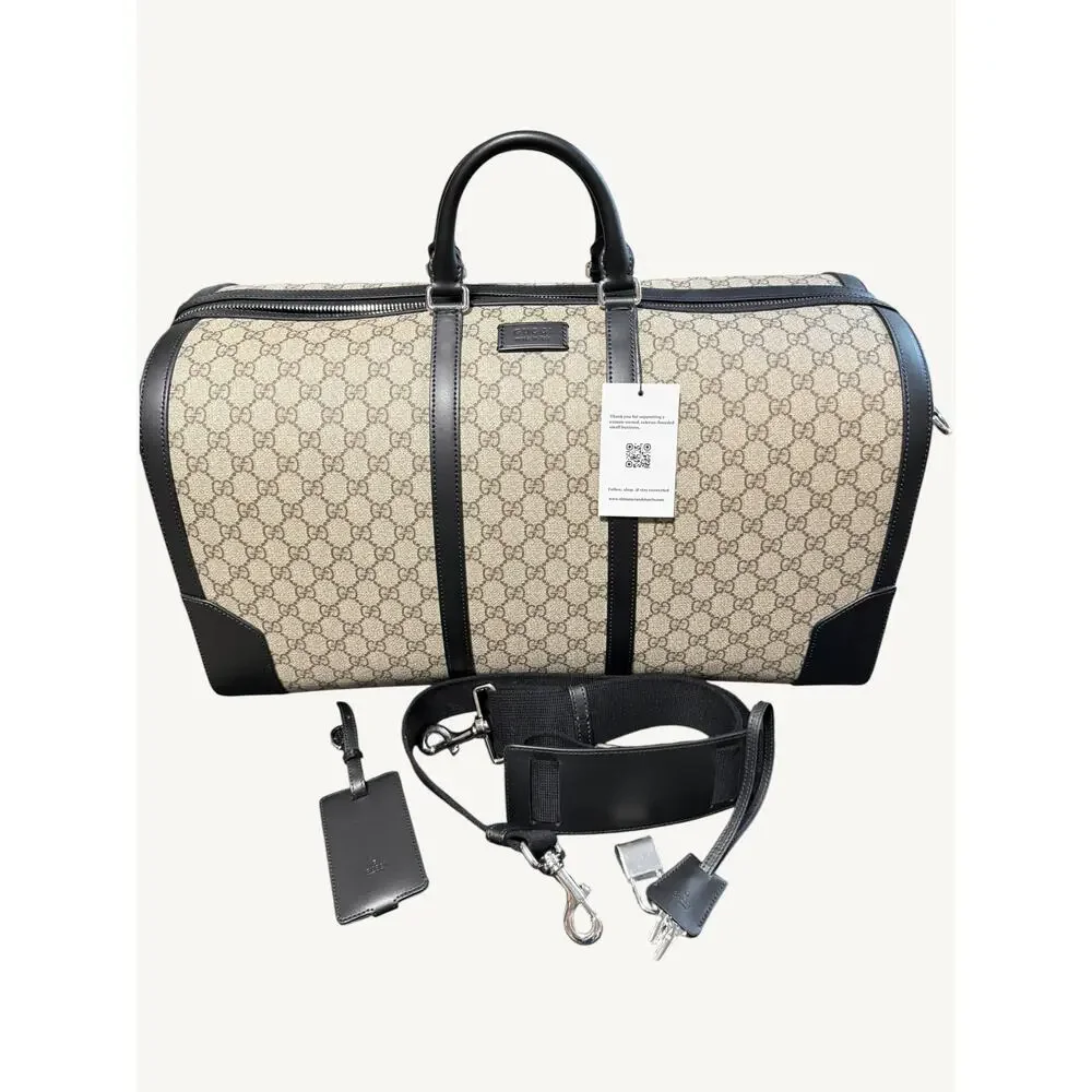 Gucci GG Supreme XL Travel Duffel Bag Beige Ebony Black Leather Full Set New